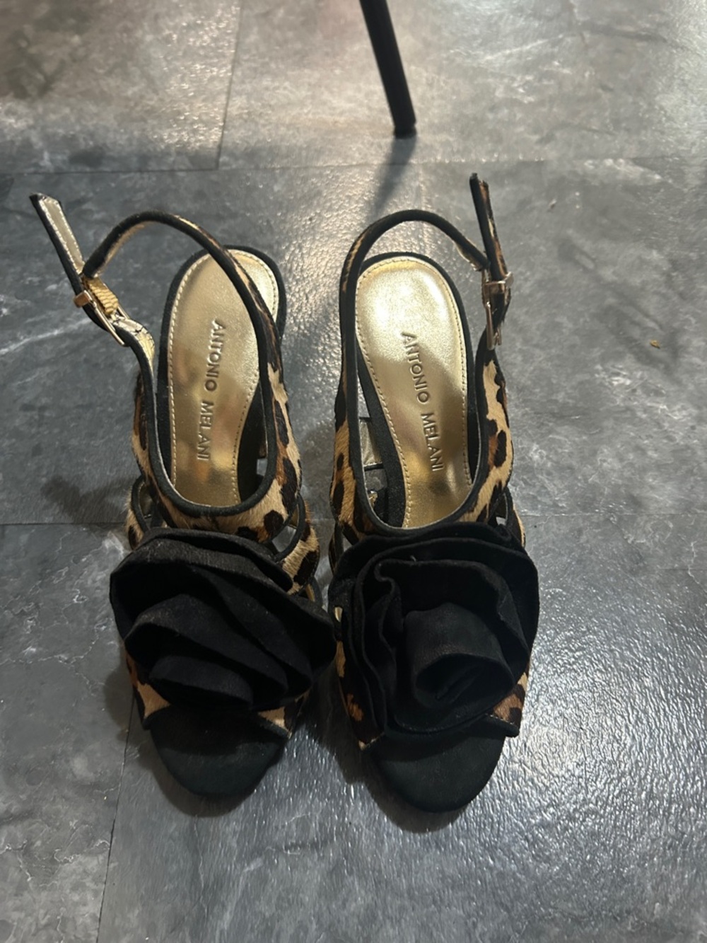 ANTONIO MELANI Leopard Print Slingback Heels with Black Rosette